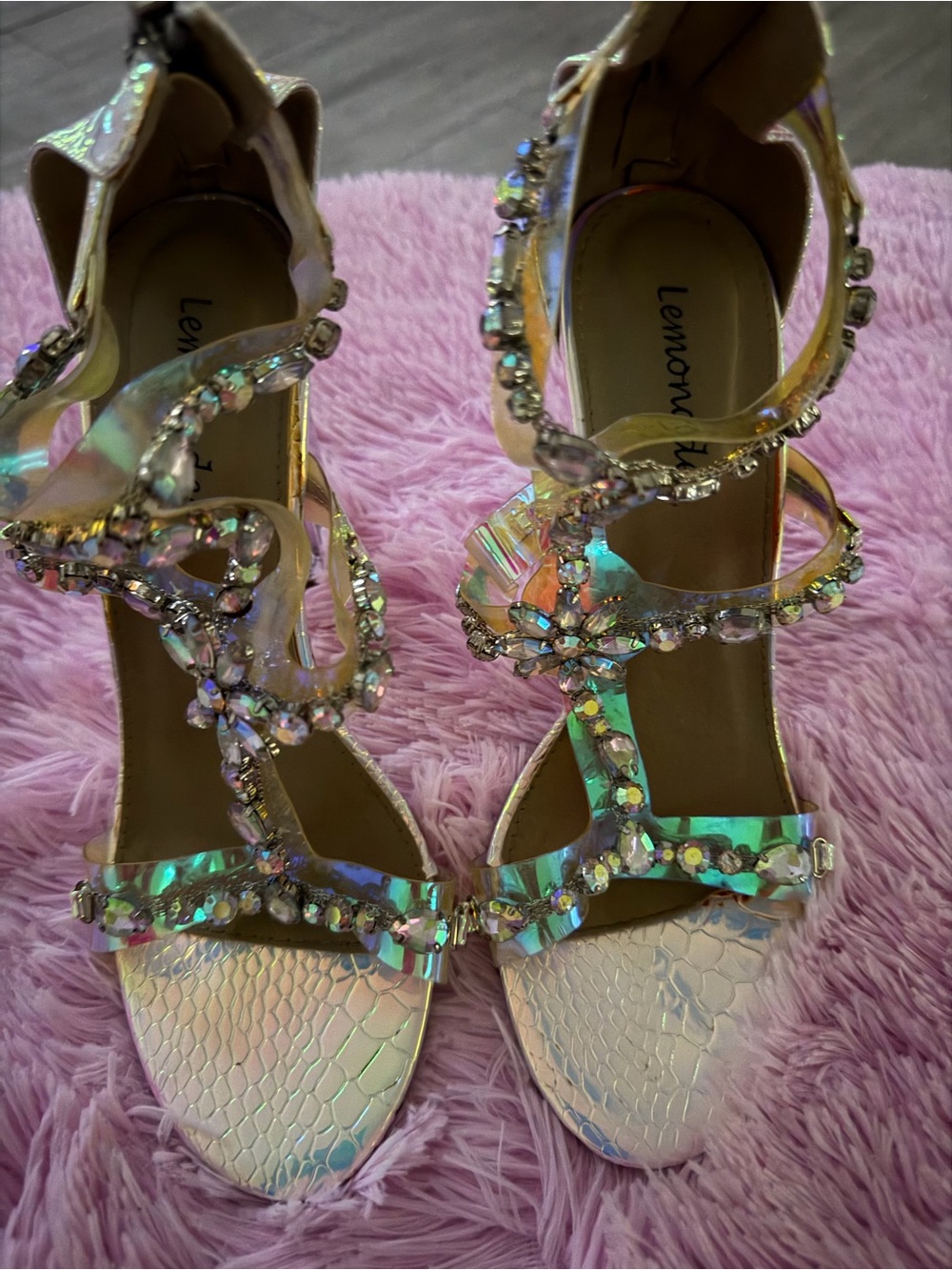 Fashion Nova Iridescent Crystal Strappy Heels - Pearl Pink